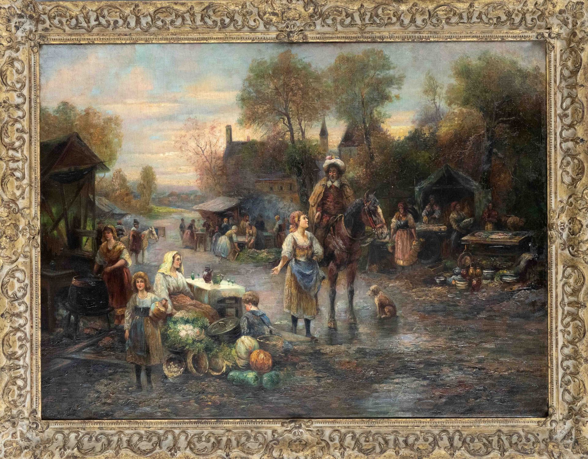 signed J. Prucha, 1st half 20th century, large market scene with central motif of a mounted nobleman