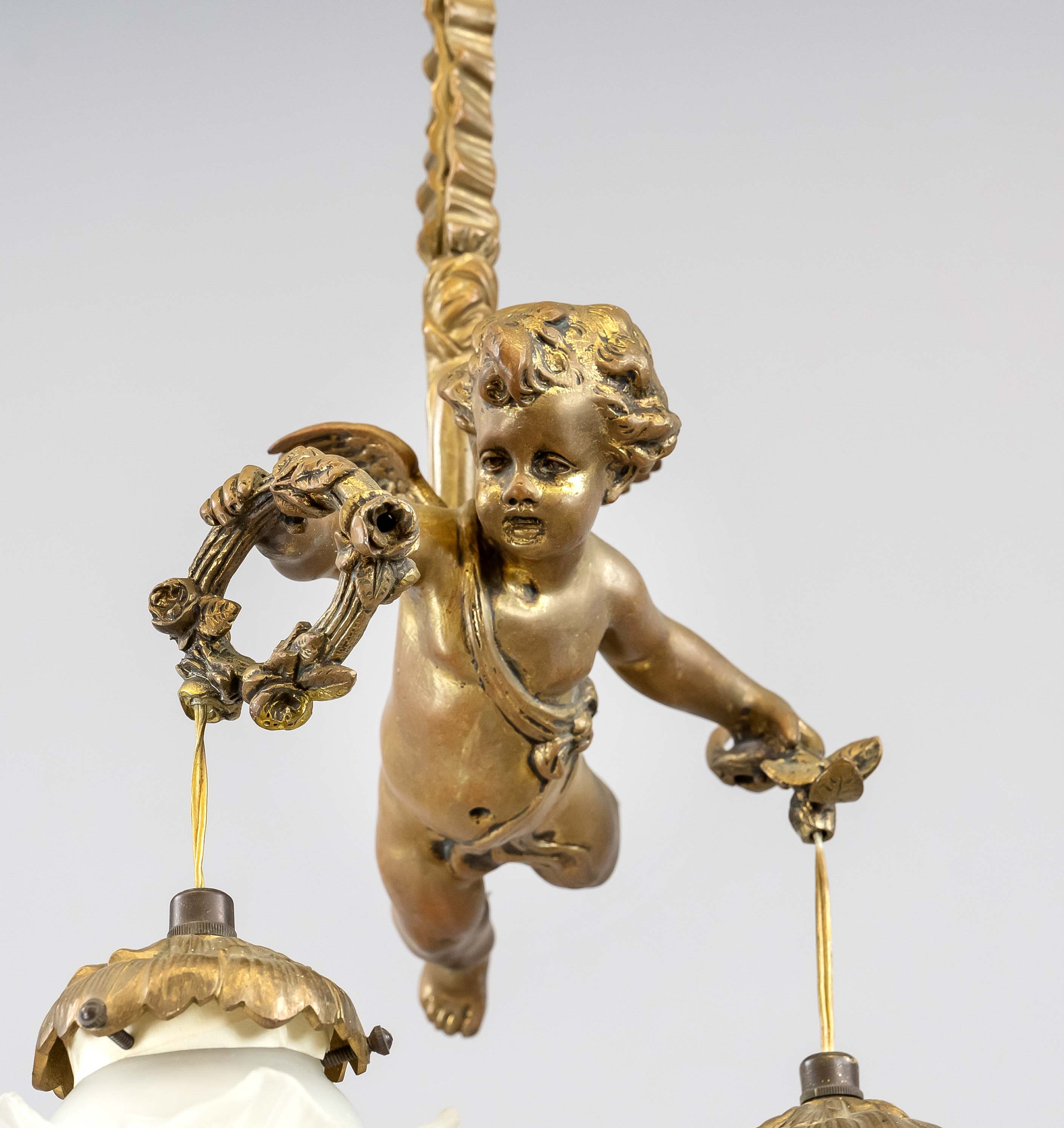 Figural hanging lamp, late 19th c., brass with rest gilding. Floating putto on fluttering ribbon, - Image 2 of 2