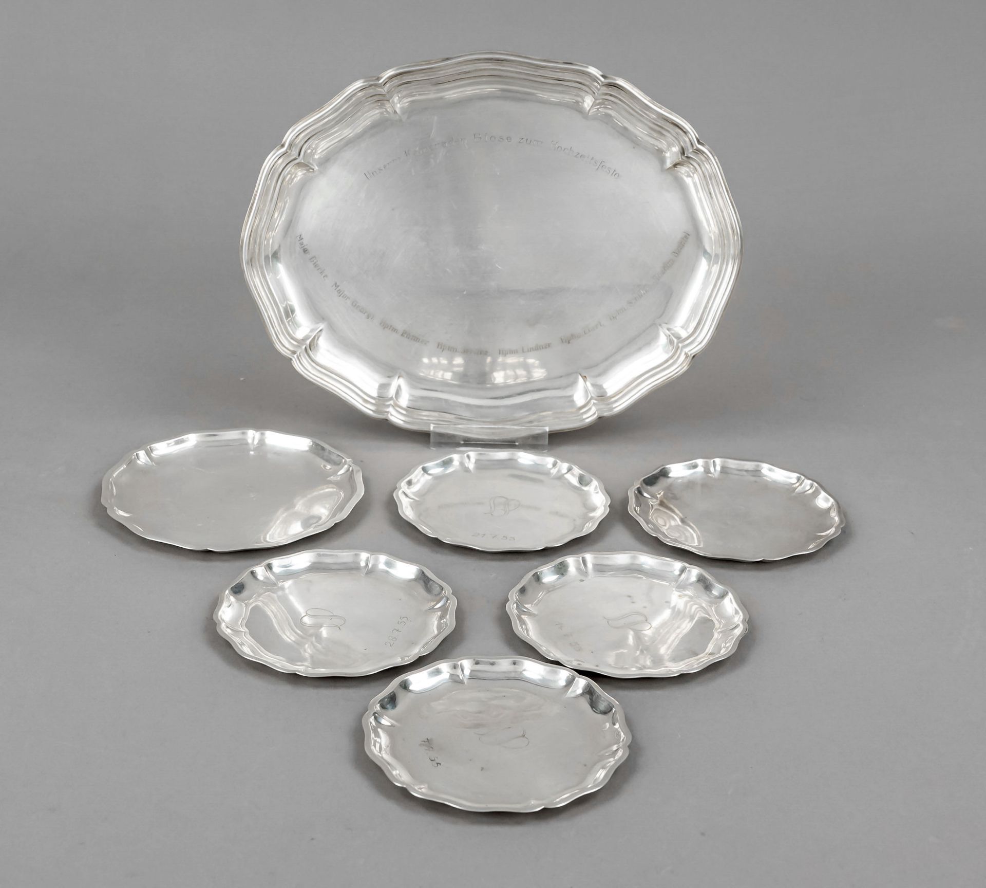 Set of seven pieces, oval tray, German, mid-20th c., maker's mark Wilhelm Binder, Schwäbisch