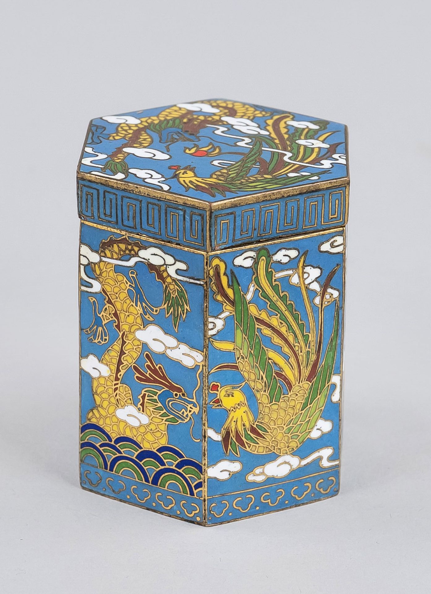 Lidded cloisonné box ''Dragon and Phoenix, China, 20th c., hexagonal brass body with polychrome