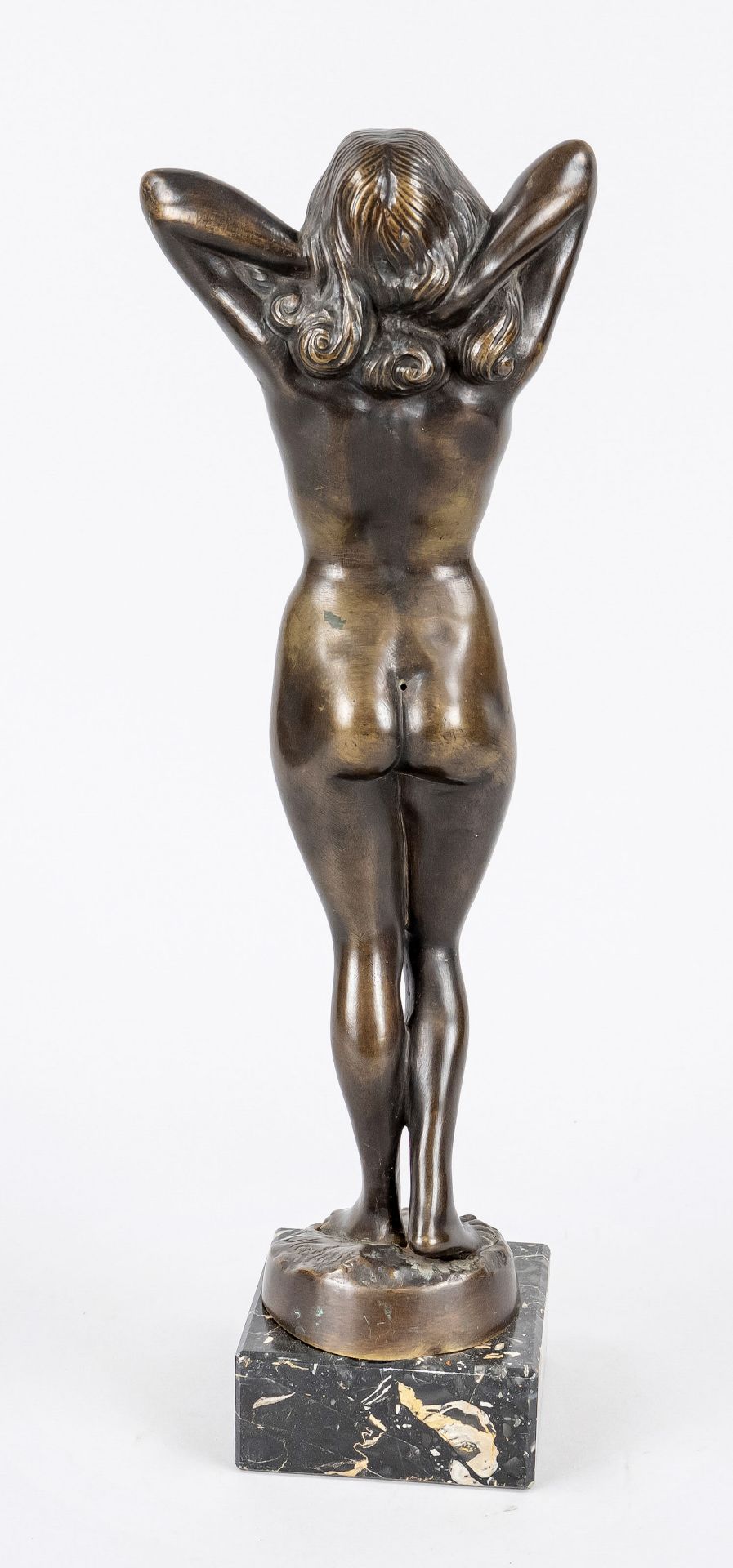 signed Mahusz, sculptor c. 1920, standing female nude, patinated bronze over marble plinth, in stand - Image 2 of 2