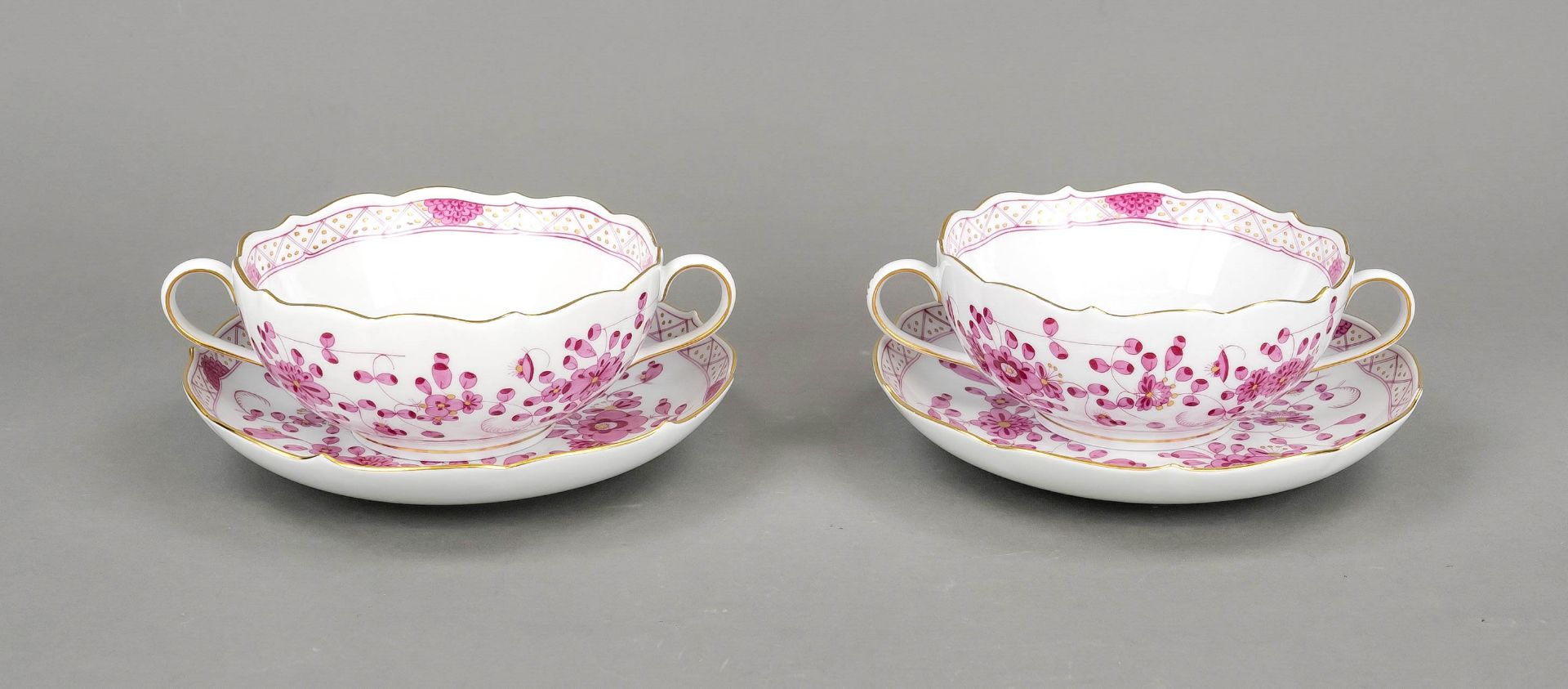 Pair of soup cups with saucers, Meissen, marks after 1934, 1st choice, form New Cutout, decor Indian