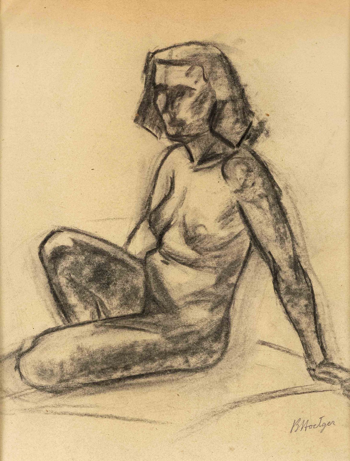 Bernhard Hoetger (1874-1949), sitting female nude, charcoal drawing on sand-colored paper, signed by