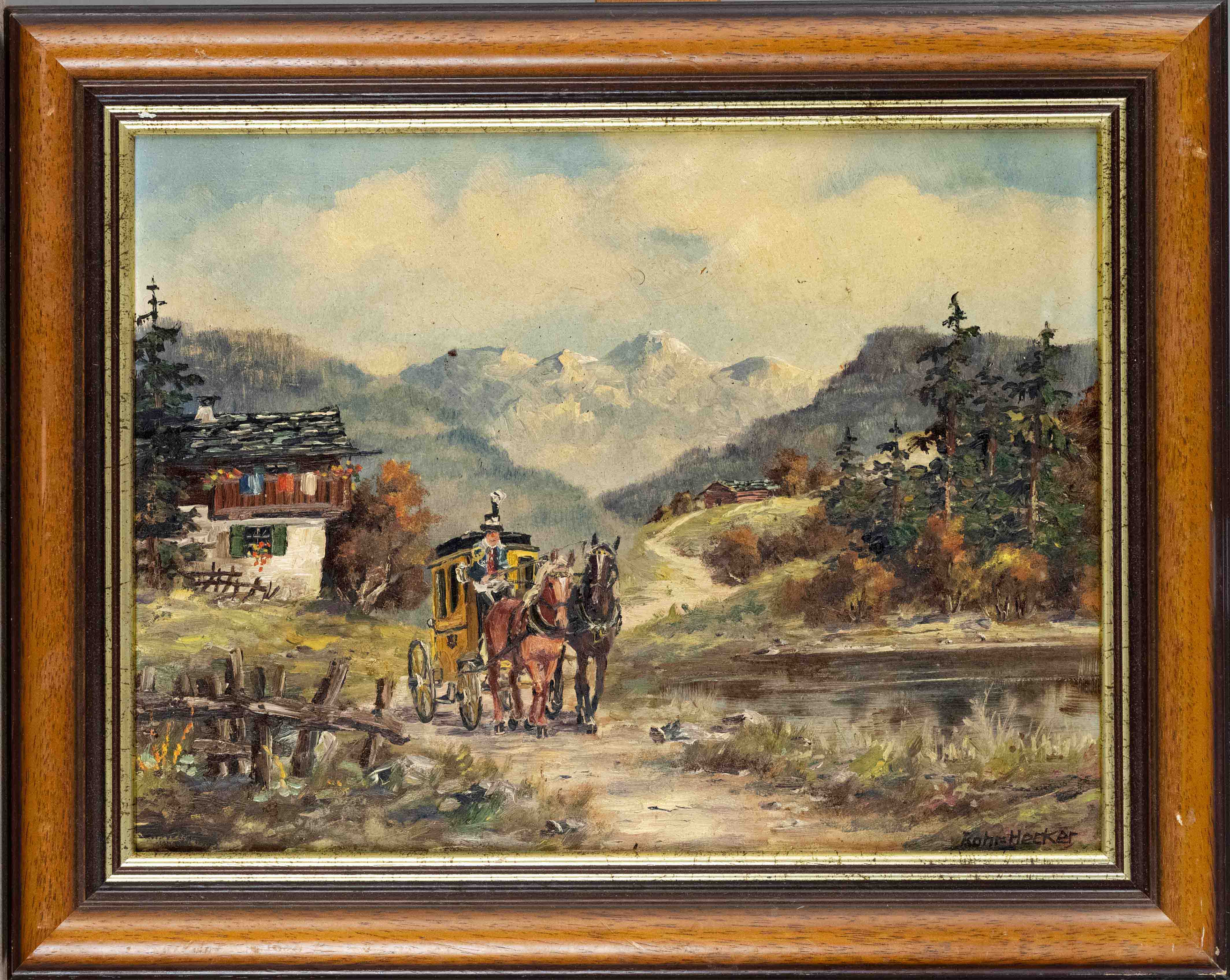 Friederike Rohr-Hecker (*1926), Alpine Landscape with Stagecoach, oil on cardboard, signed lower