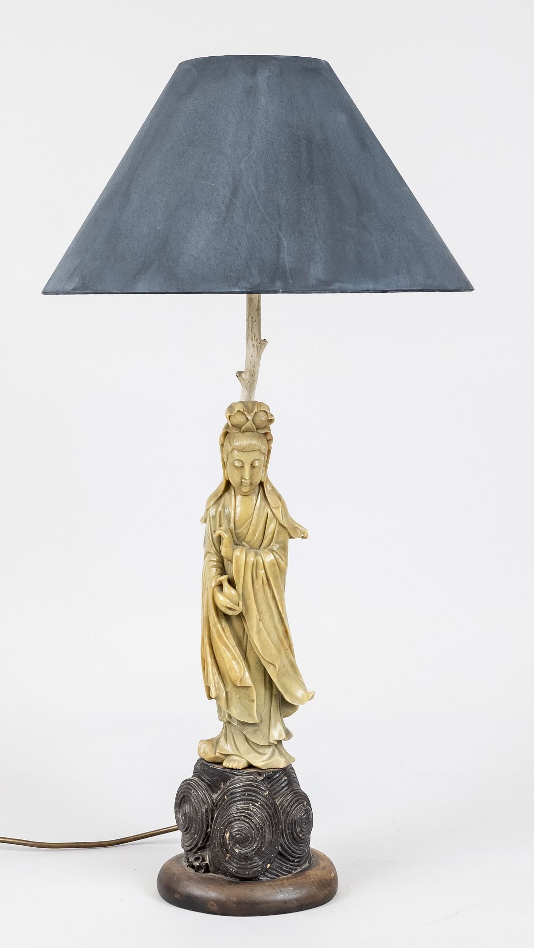 Soapstone lamp GUANYIN around 1900, side lamp with textile shade and 2 bulbs, carved soapstone in