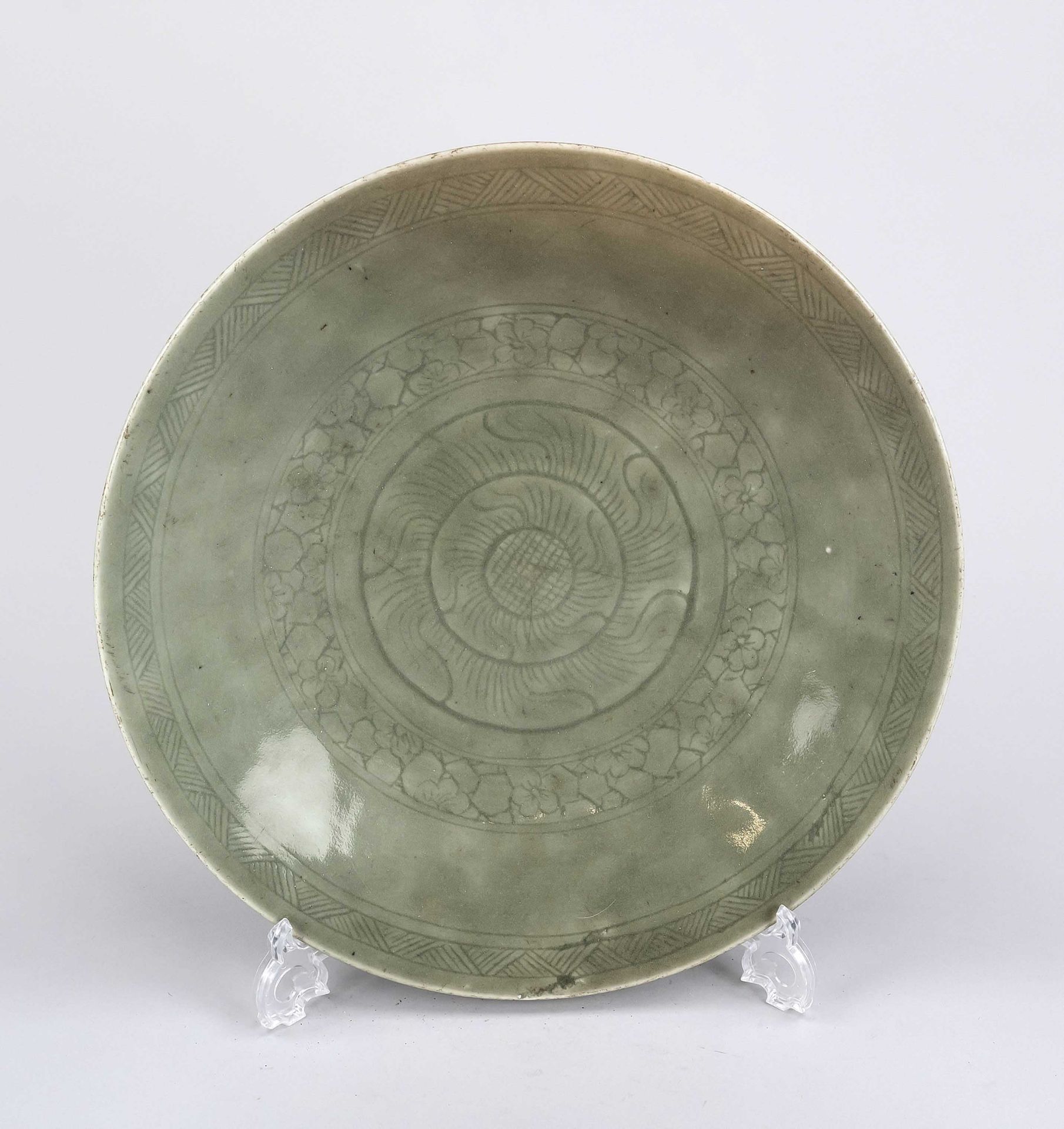 celadon lotus plate, China, Qing dynasty(1644-1911), 18th/19th century, stoneware with celadon green