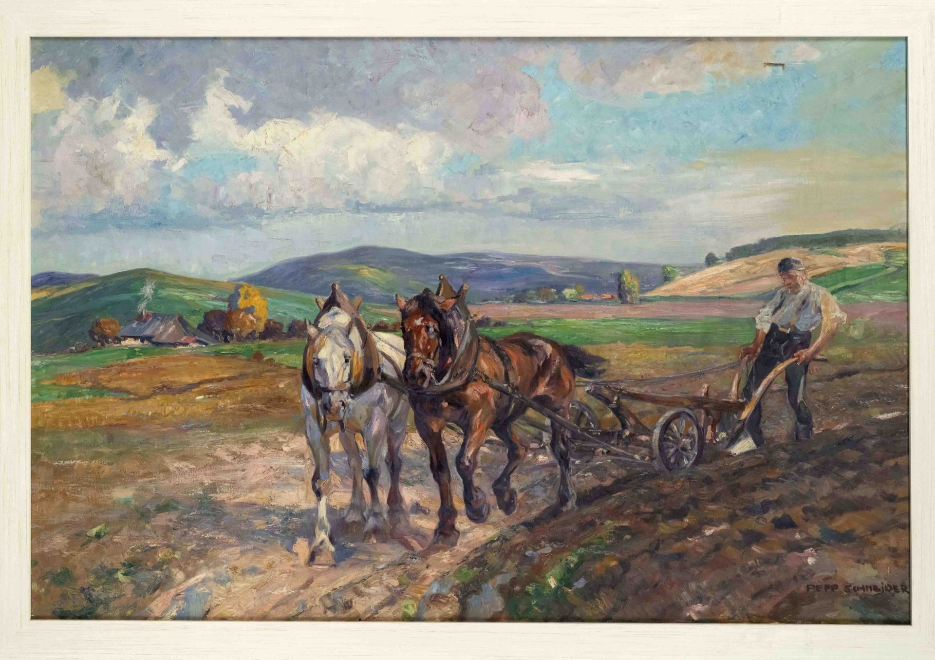 Pepp Schneider, 1st half of 20th century, large painting with rural scene, oil on canvas, small tear