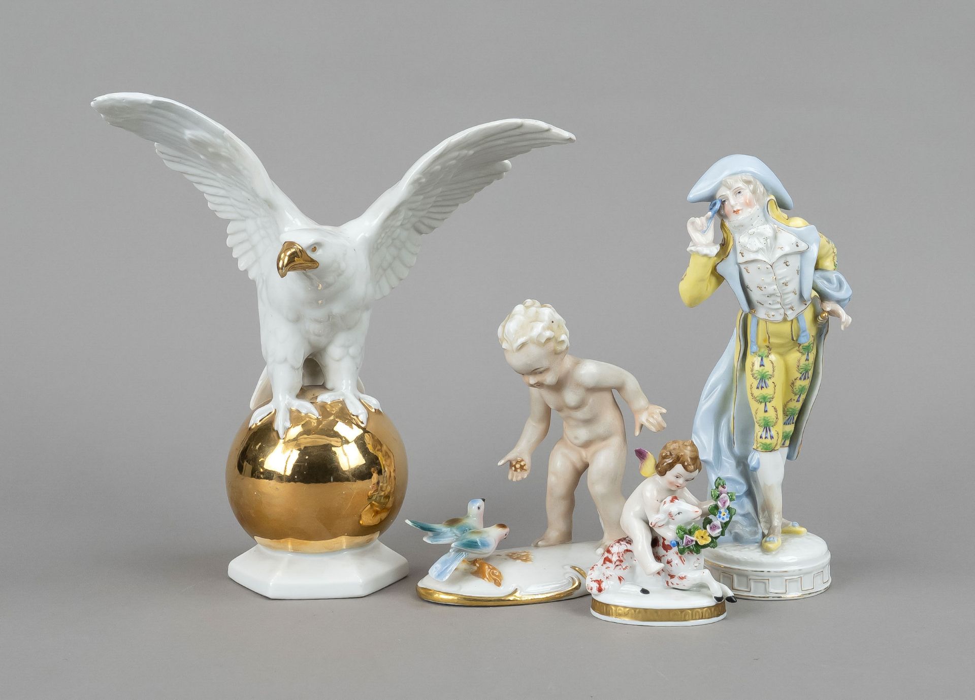 Set of 4 figures, 20th c., eagle on globe, Gräfenthal, model no. 7393, white, ornamental gilding,