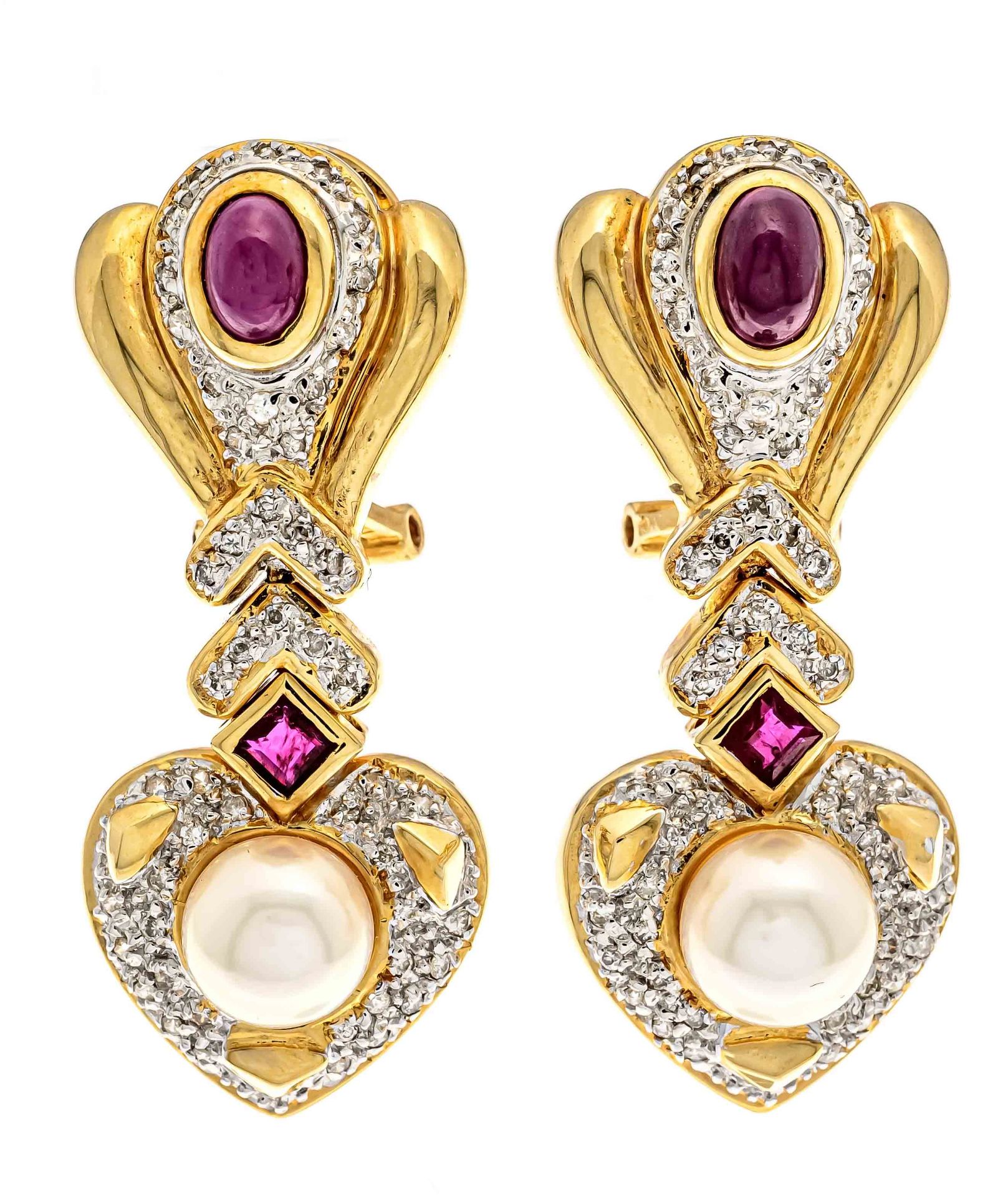 Ruby diamond clip earrings GG/WG 585/000 with 2 oval ruby cabochons 5,9 x 3,6 mm, 2 carré faceted