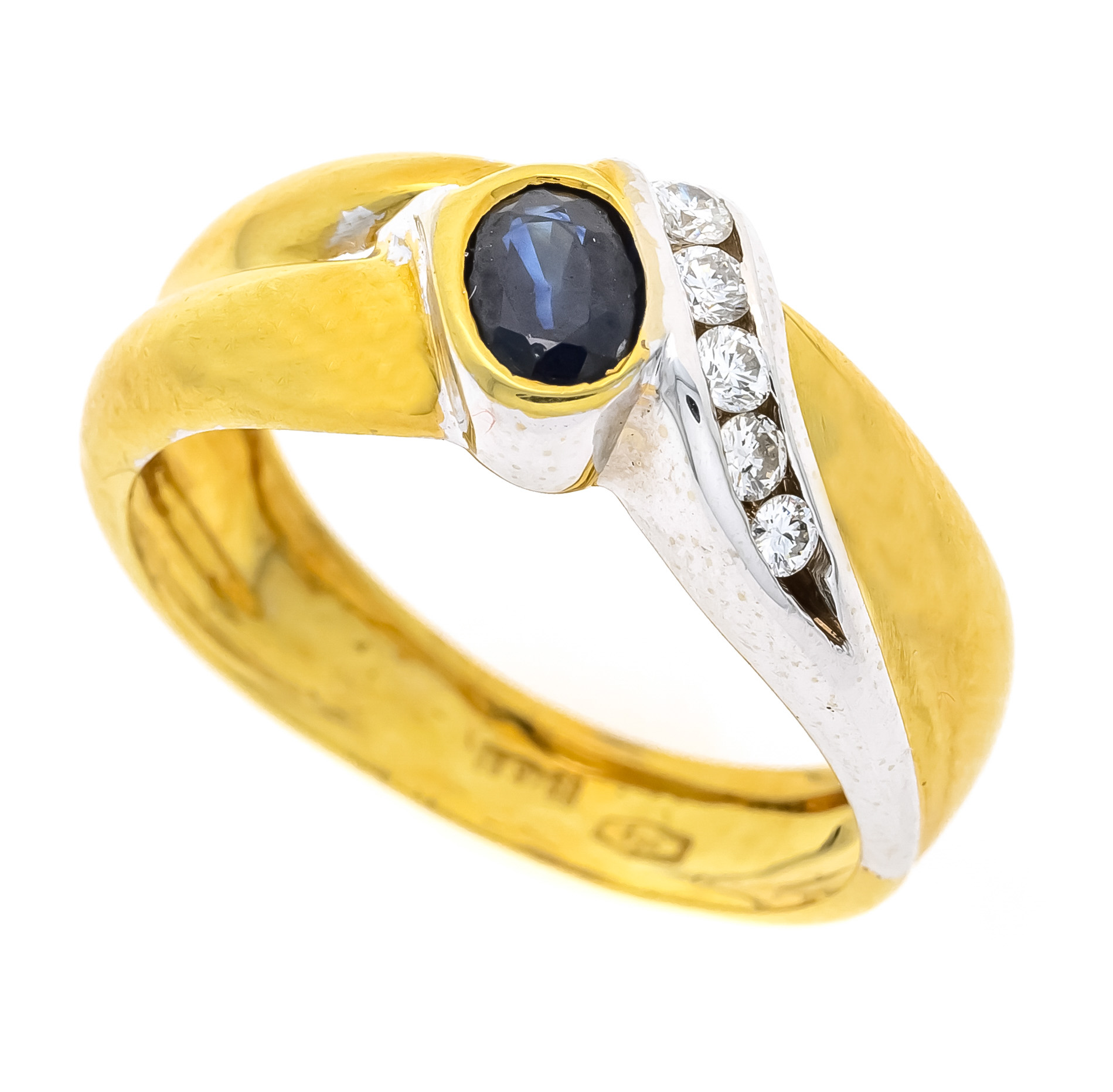 Sapphire-cut diamond ring GG/WG 750/000 with one oval faceted sapphire 0.53 ct dark blue,