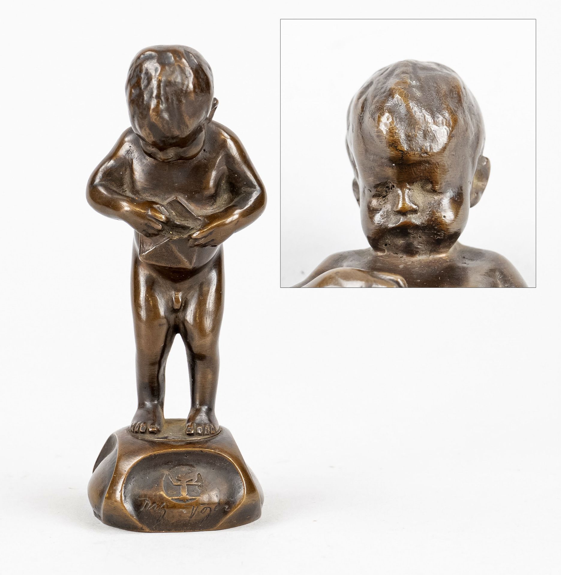 Unidentified sculptor c. 1900, nude boy opening a letter, in base inserted petschaft with