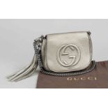 Gucci, Metallic Pebbled Calfskin GG Soho Tassel Crossbody Bag, grey grained calfskin with metallic