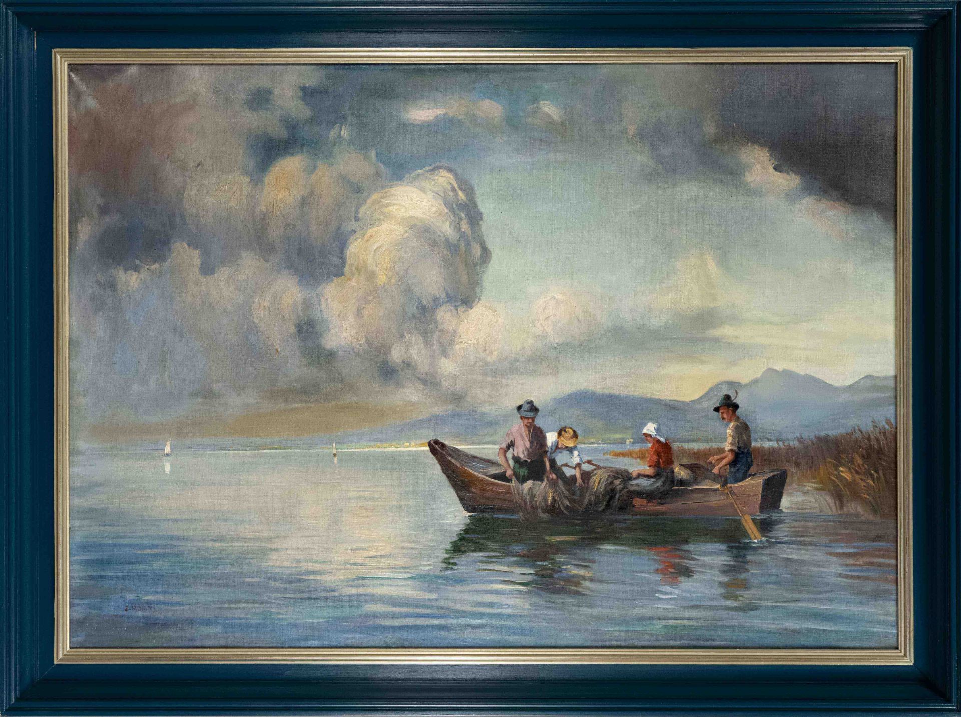 E. Adam, 1st half 20th c., large view of the Chiemsee with fishermen in the foreground. Oil on