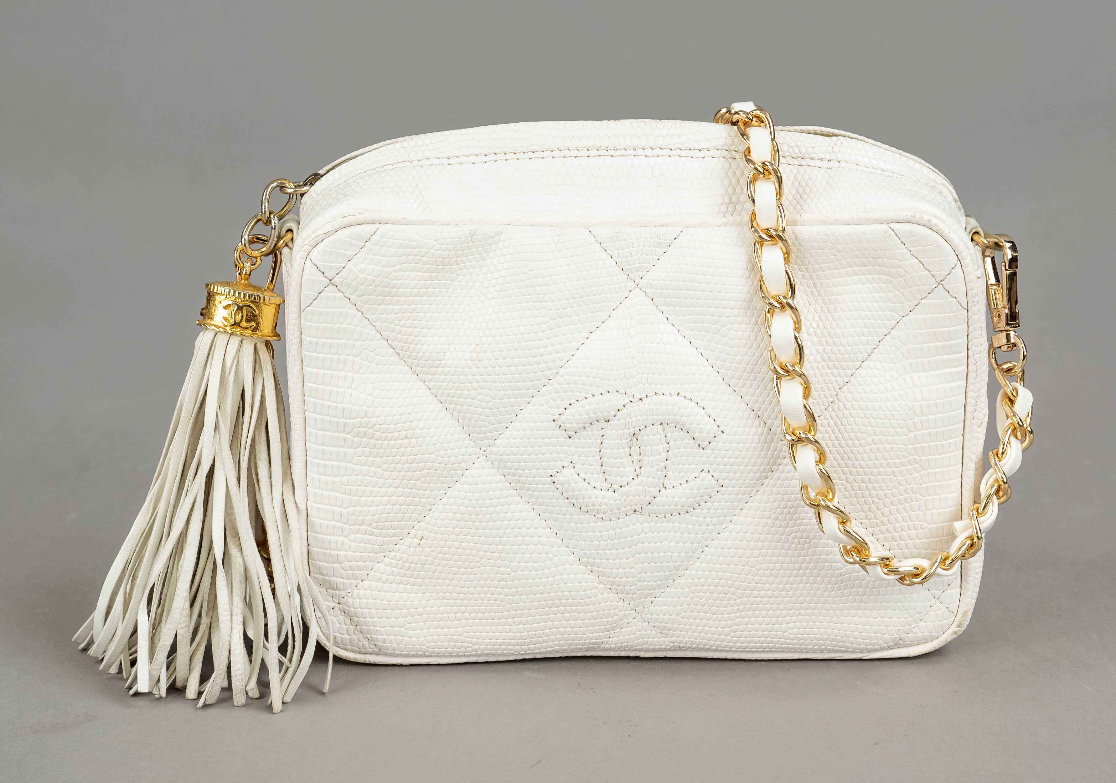 Chanel, White Vintage Quilted Tassel Camera Crossbody Bag, creamy white quilted caviar leather in