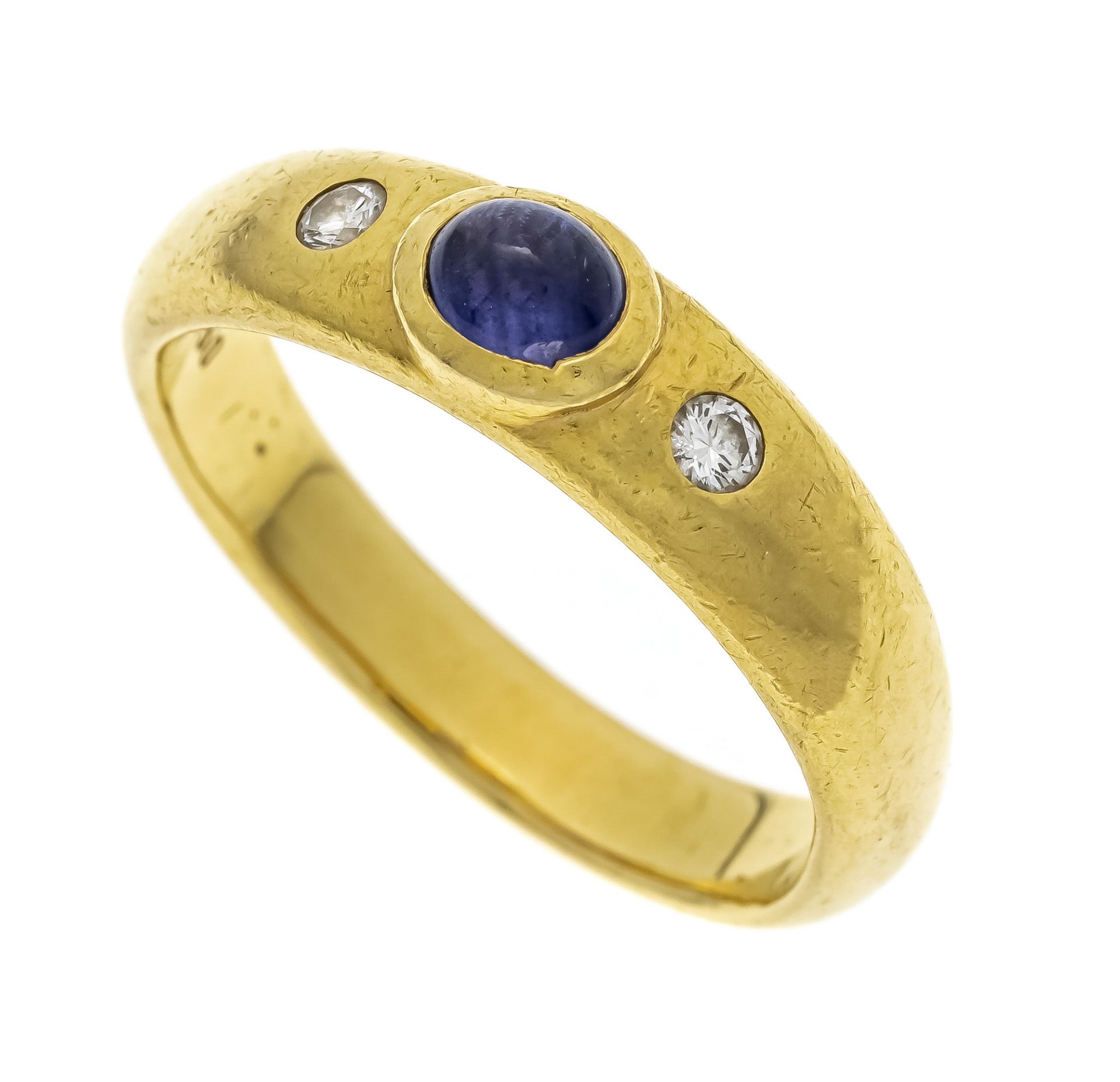 Sapphire diamond band ring GG 750/000 with an oval sapphire cabochon 4.9 x 4.0 mm, blue, translucent