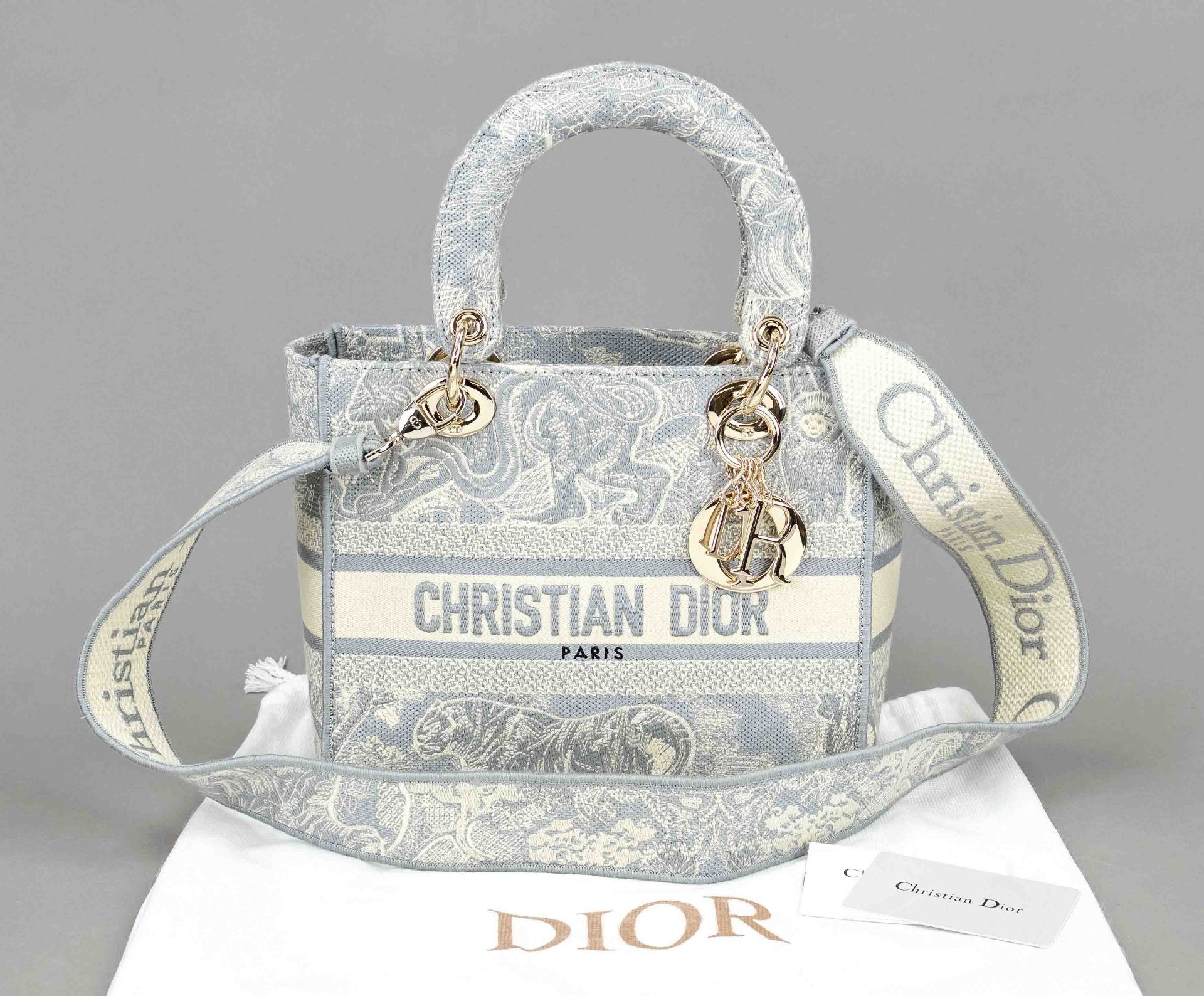 Christian Dior, Medium Lady D-Lite Bag in Gray Toile de Jouy Reverse Embroidery, intricate cannage
