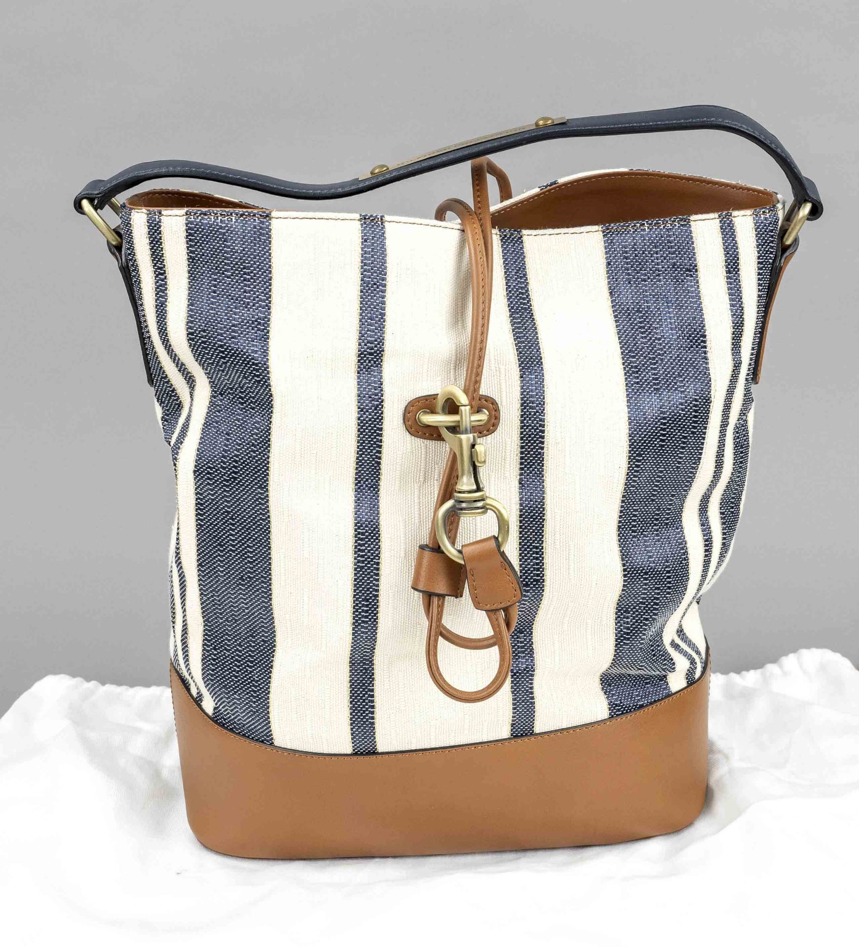 Hilfiger Collection, Striped Canvas Bucket Bag, blue and white striped fabric with incorporated gold