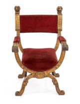 Scissor chair with arms circa 1880, oak, lion head carvings, 108 x 65 x 60 cm.