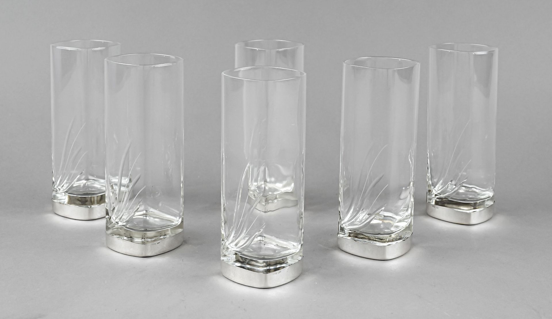 Six longdrink glasses with silver mounting, Italy, 20th century, Florence, silver 800/000, smooth