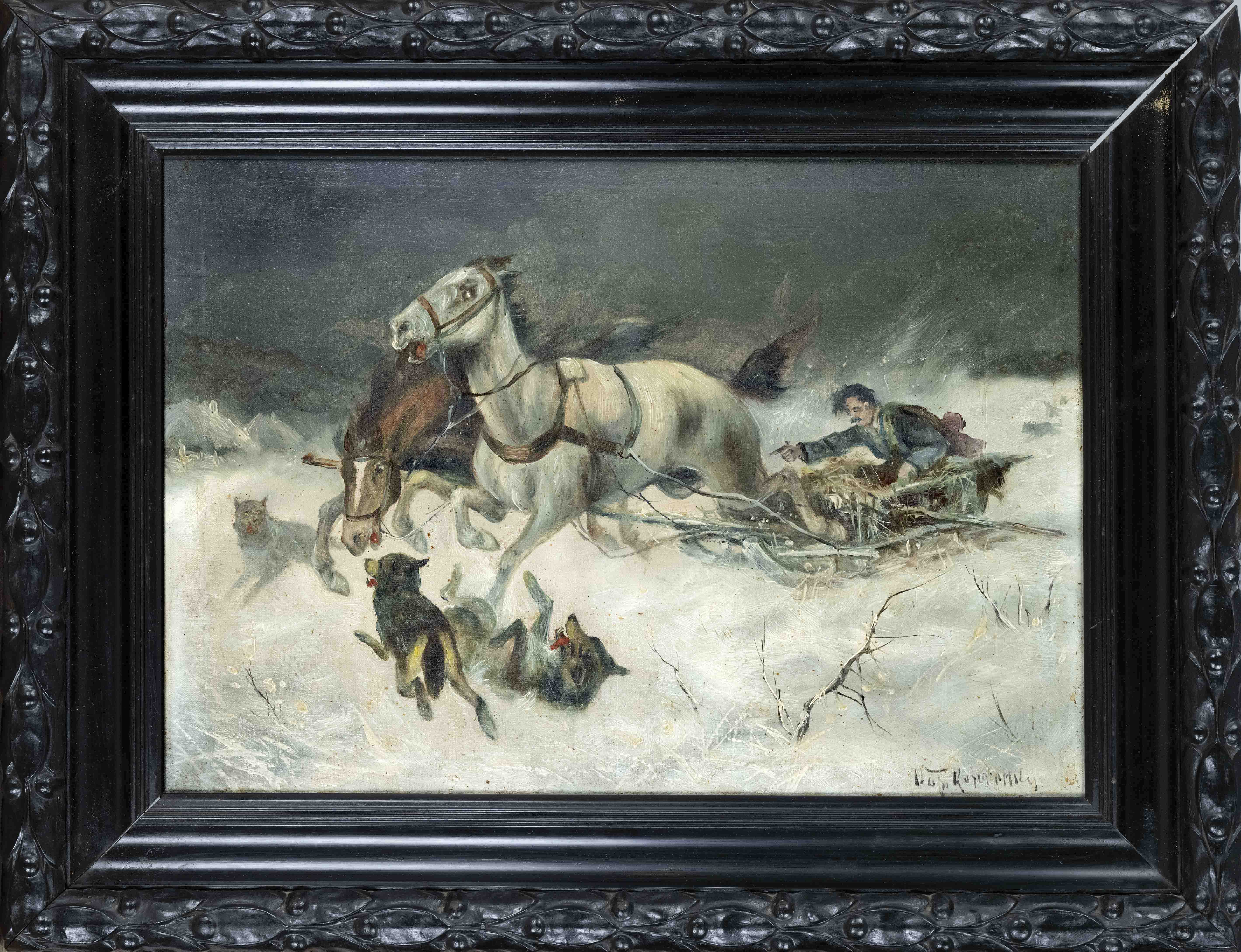 Polish painter c. 1900, Winter landscape with horse-drawn sleigh attacked by wolves, oil on