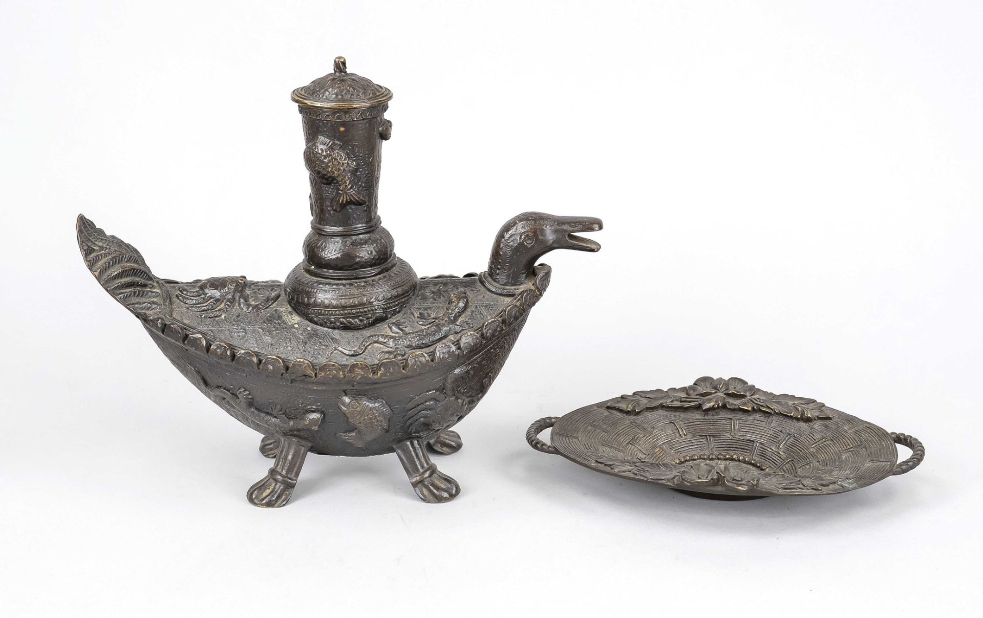 2 pieces bronze 19th/20th c. 1 x vessel in boat shape with duck head spout and relief decor with