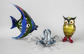 Three glass animals, 2nd half of 20th century, each clear glass with polychrome meltings, fish,