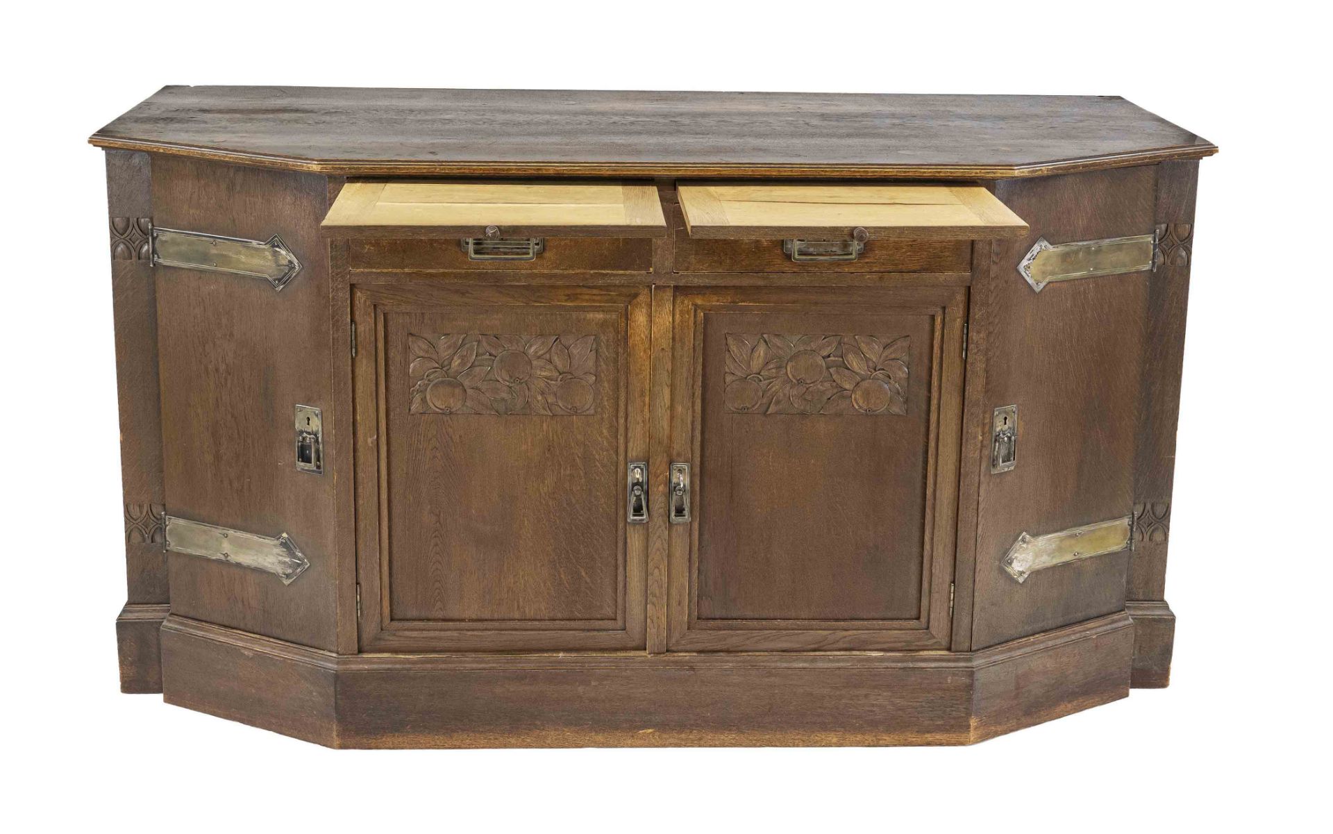 Art Nouveau sideboard circa 1910, oak, four doors and two drawers, subtle carved decoration, 98 x - Image 2 of 2