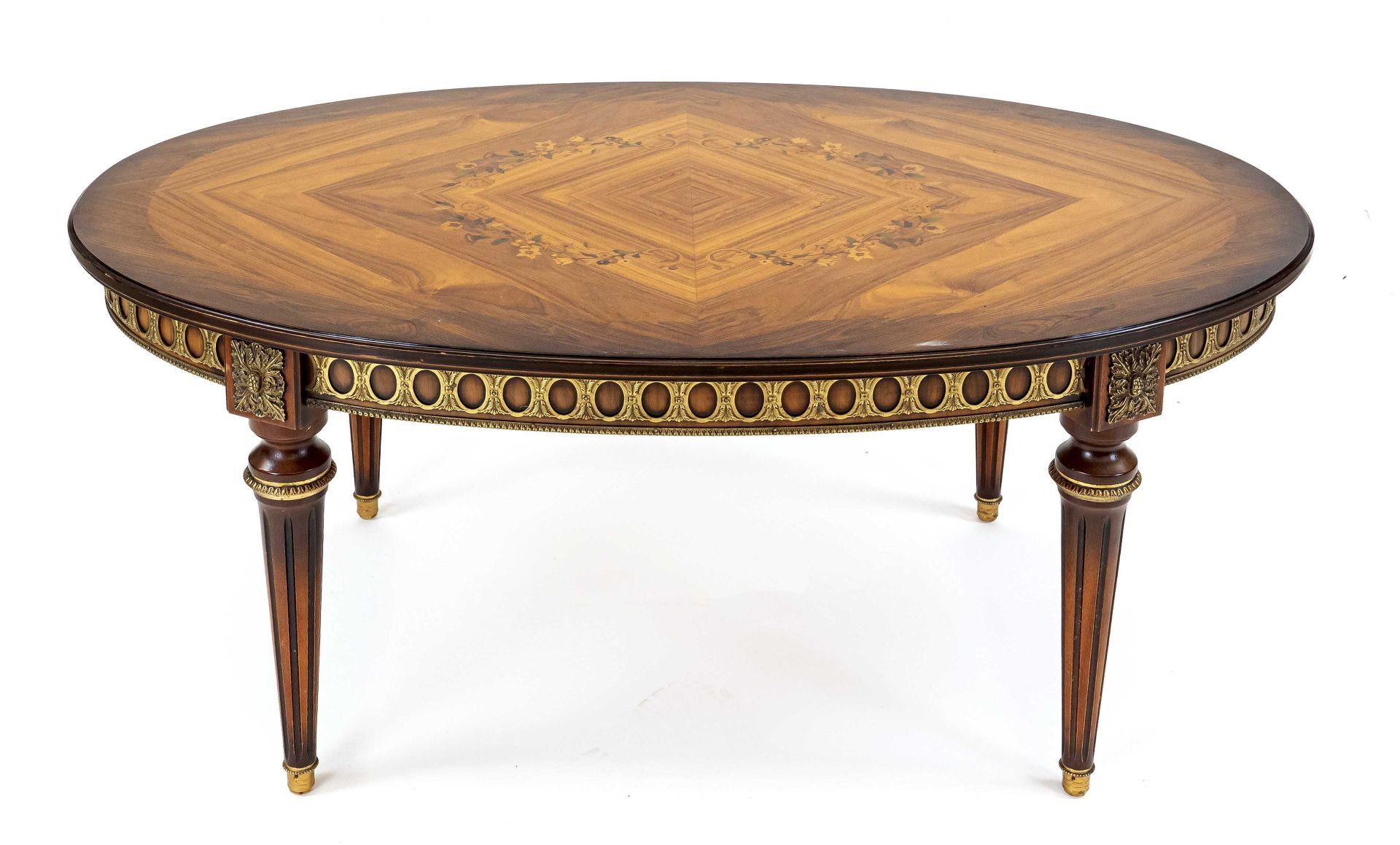 Coffee table around 1970, classicist style furniture, various precious woods, center floral inlay,