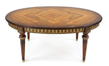 Coffee table around 1970, classicist style furniture, various precious woods, center floral inlay,