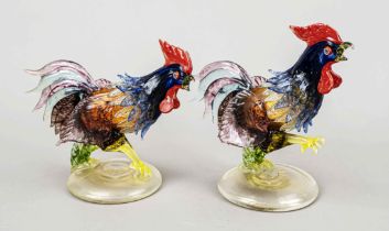 Two fighting cocks, Italy, 2nd half of 20th century, Murano, each on round stand, clear and