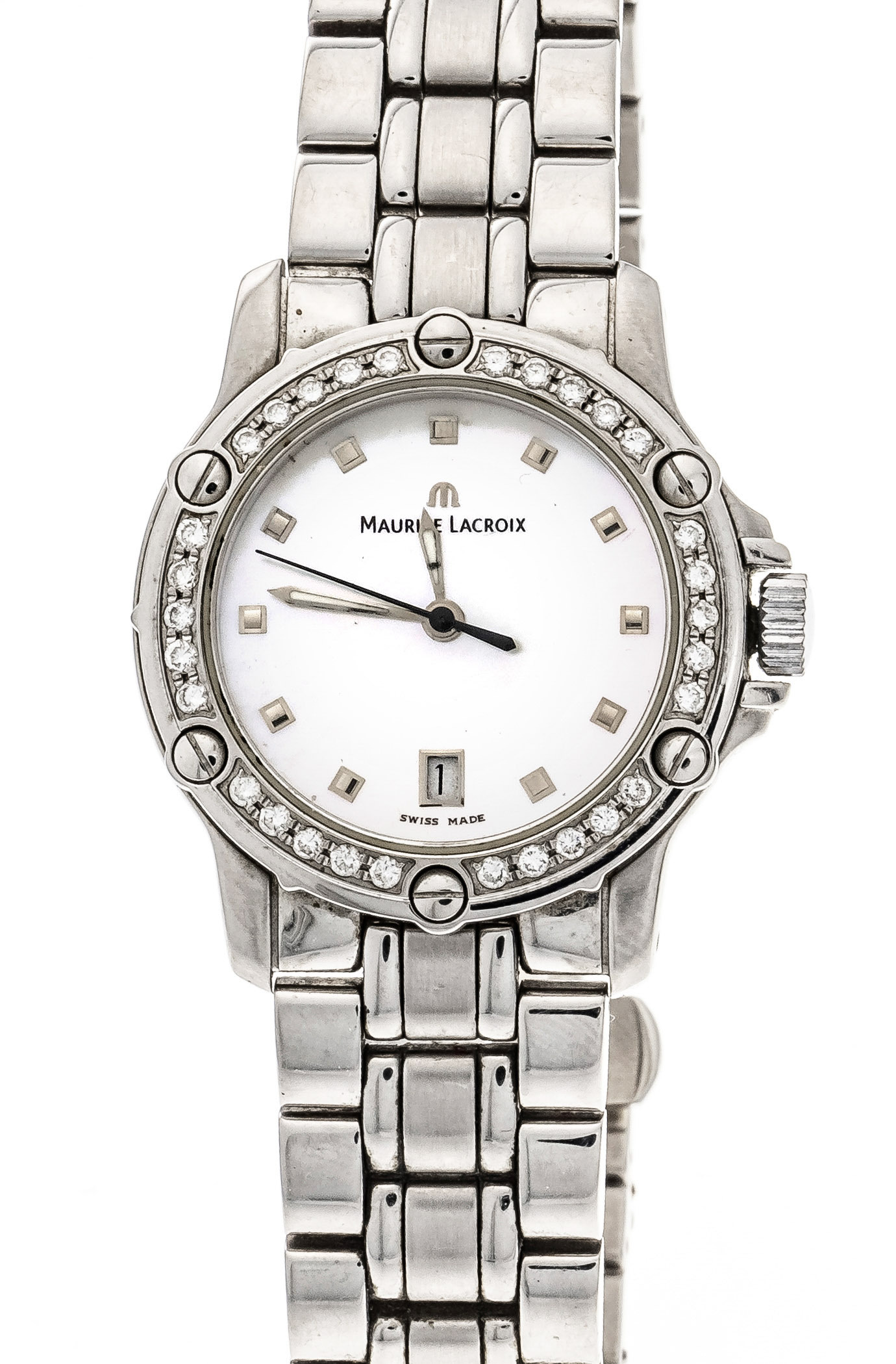 Maurice Lacroix, ladies quartz watch, steel, ref. 89819, screwed bezel set with diamonds, 30 add.