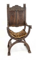 High-backed scissor chair circa 1880, oak, carving typical of the period, 140 x 70 x 55 cm.