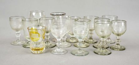 Group of 16 glasses, 18th/19th/20th century, mostly footed glasses, clear glass with floral