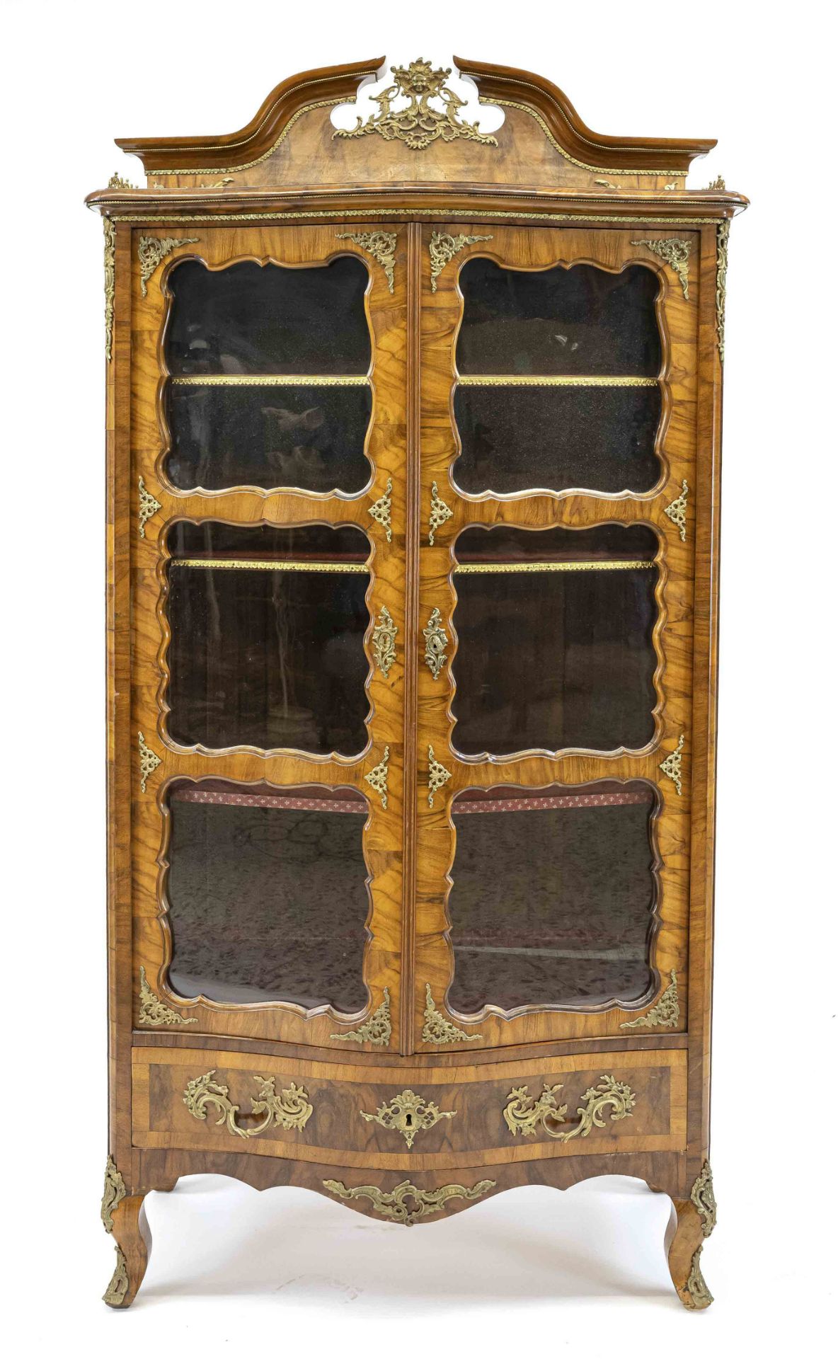 Dresden Baroque style display case circa 1900, walnut, slightly bulbous body with two glazed doors
