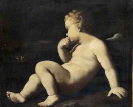 Anonymous painter of the 18th century, larger-than-life depiction of a nude putto in front of a dark