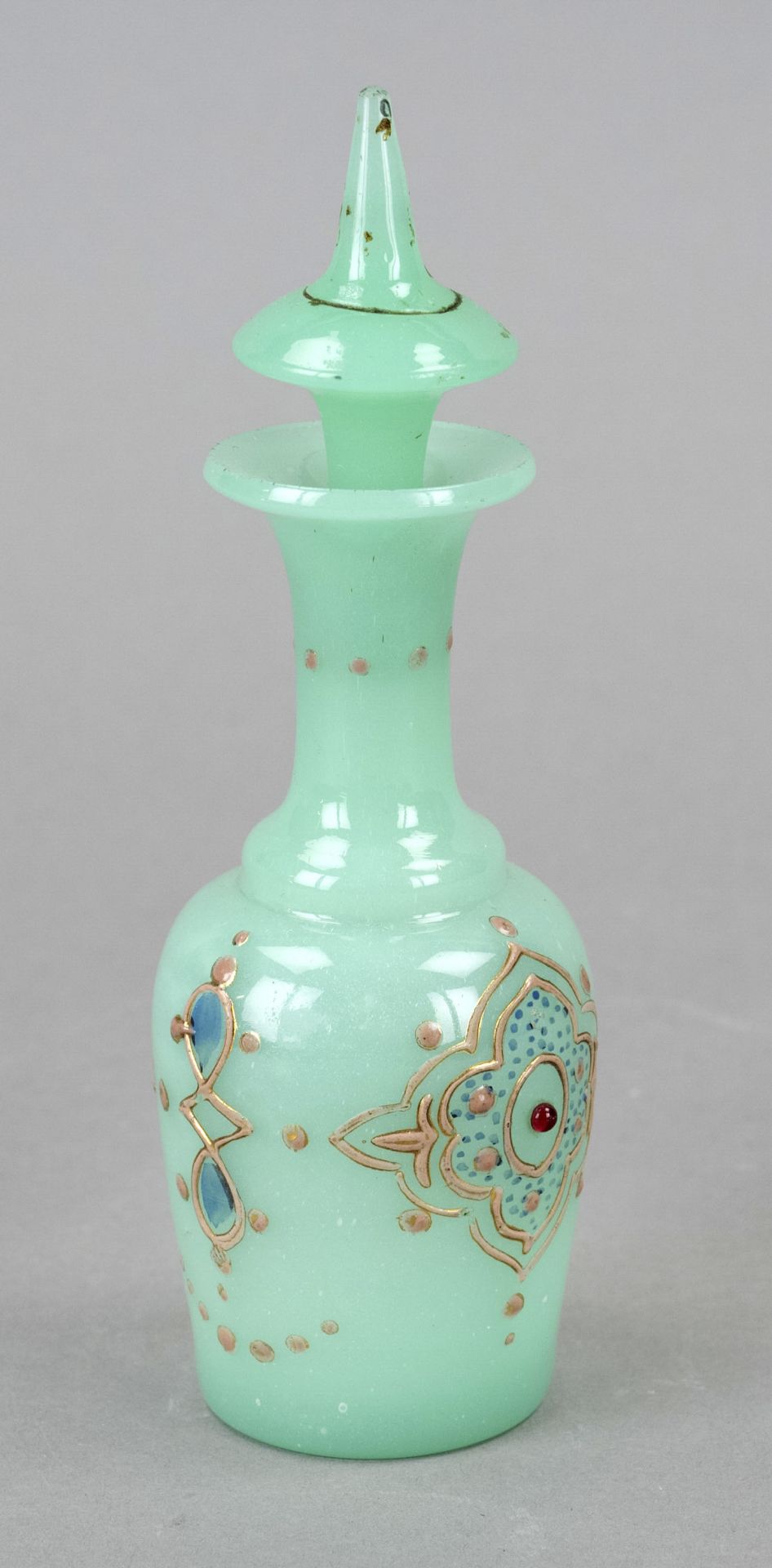 Flacon, late 19th century, round stand, slightly conical body, slender neck, cone stopper, turquoise