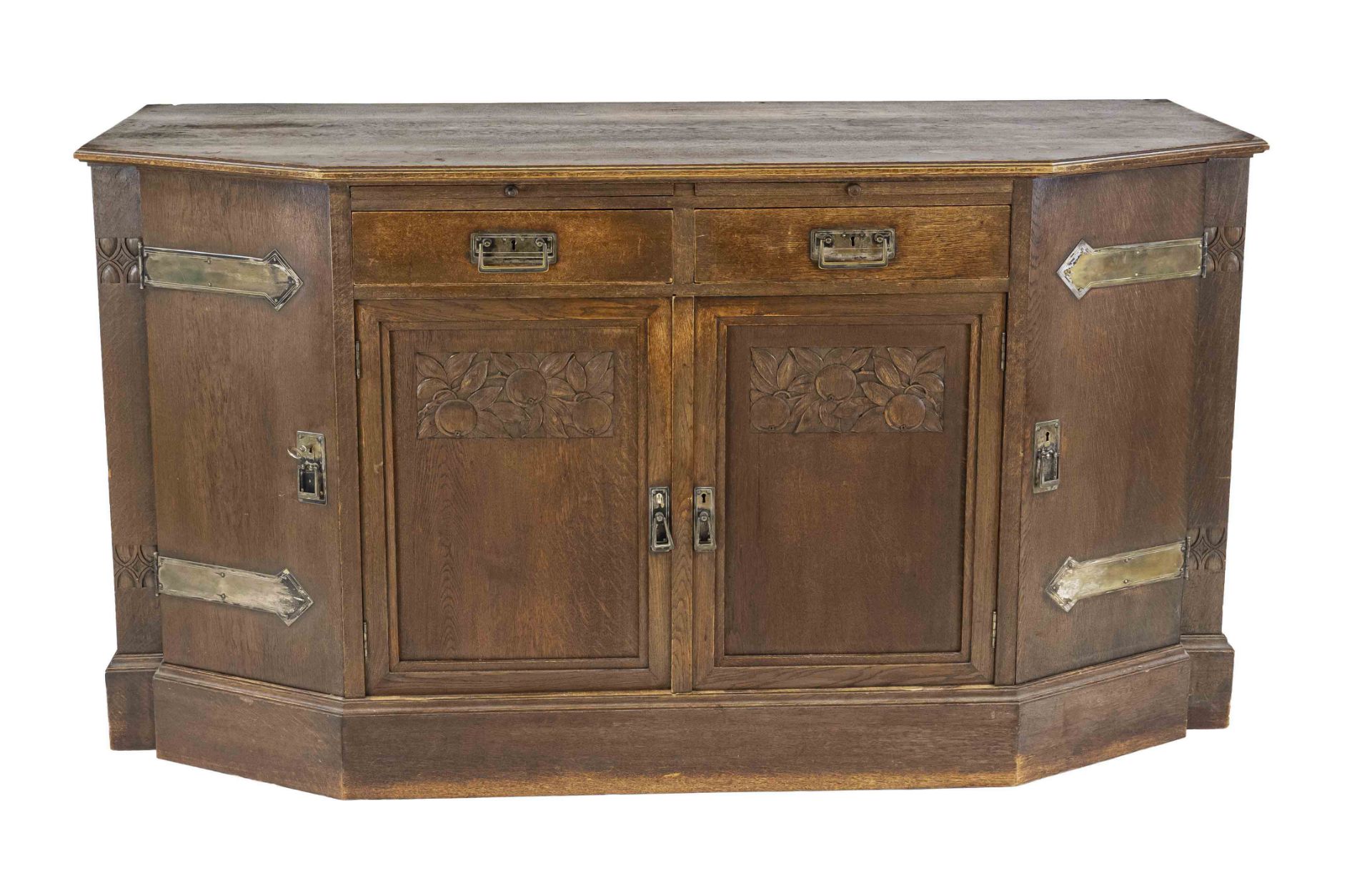 Art Nouveau sideboard circa 1910, oak, four doors and two drawers, subtle carved decoration, 98 x