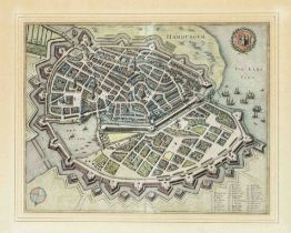 Historical plan of Hamburg, ''Hamburgum'', general view from bird's eye view, col. Copper