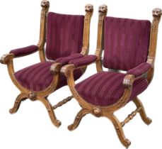 Pair of Wilhelminian scissor chairs circa 1880/90, solid walnut, newly upholstered, each 112 x 84