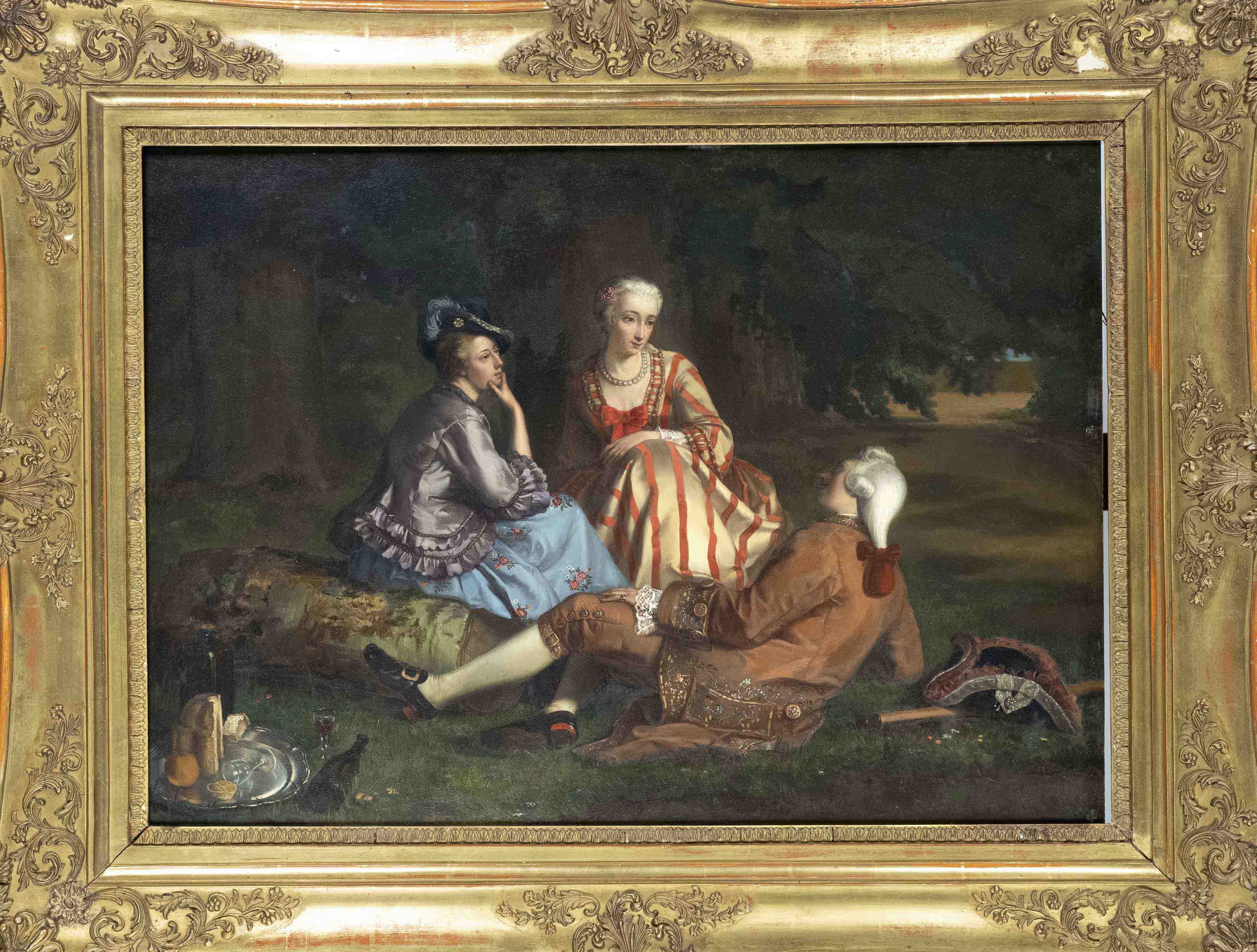 Auguste Paul de Keyser, 19th century painter, gallant rococo society in the park, oil on wood,