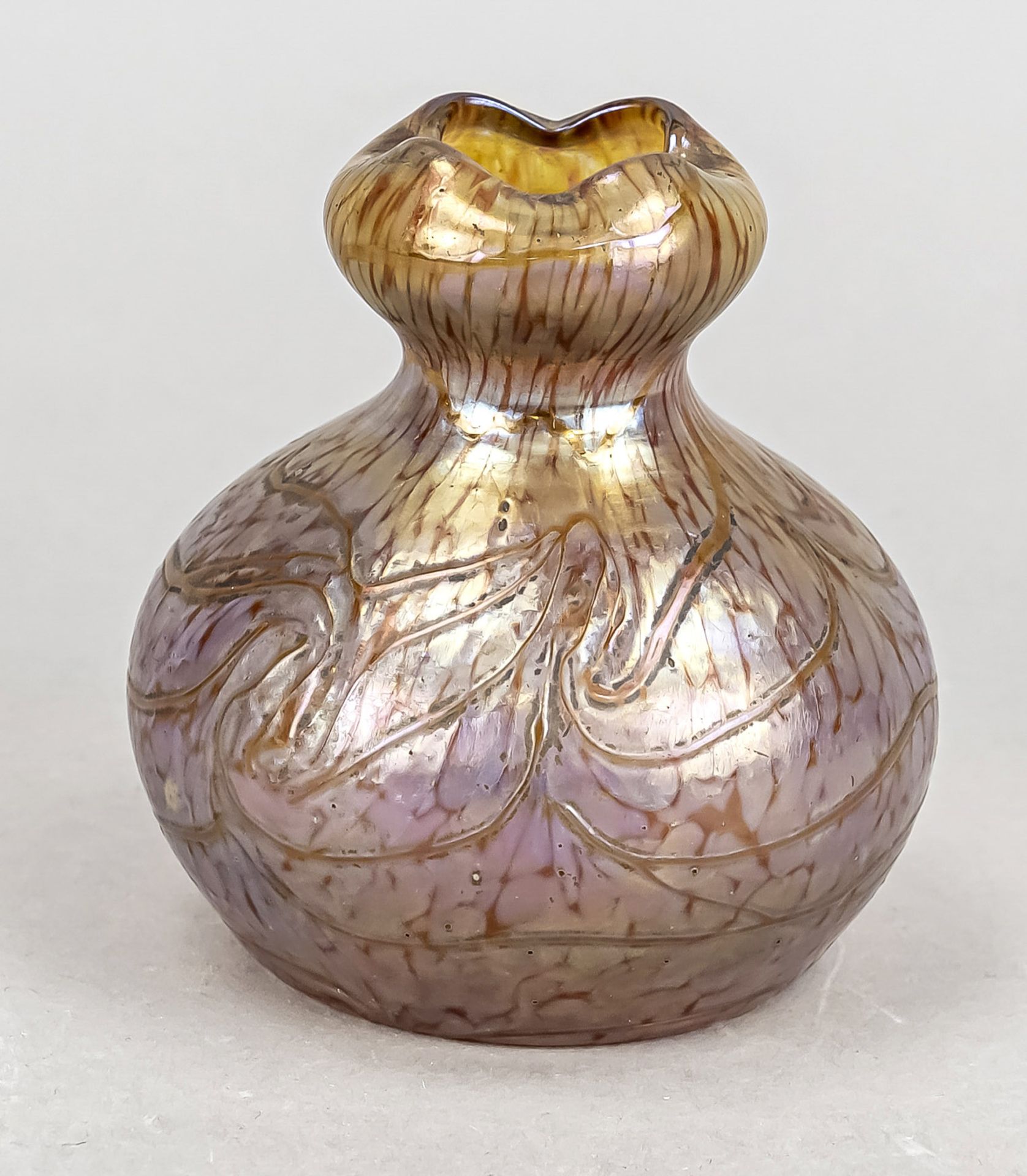 Vase, 20th c., round stand, bulbous body, 4-pass mouth, clear glass with orange stain enamels and