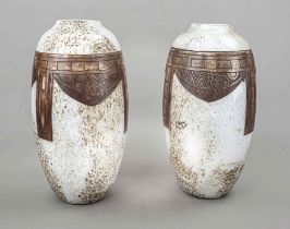 Pair of Art Nouveau vases, France, c. 1910, Legras & Cie, La Pleine-Saint-Denis, round stand, oval