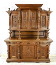 Grand top buffet, Wilhelminian period around 1880, solid oak/veneered, 3-door lower part with turned