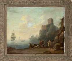 Marine Painter c. 1700, Company of various sailors and merchants at a fireplace on a rocky coast
