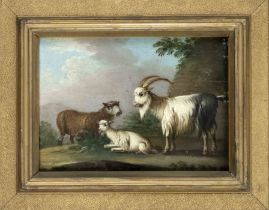 Anonymous artist of the 18th century, landscape with goat family, oil on wood, unsigned, verso old