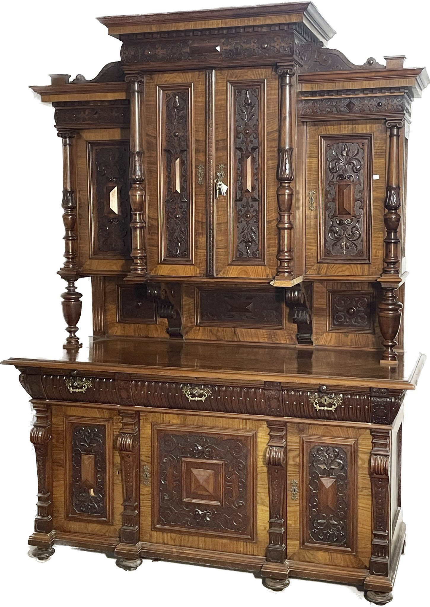 Founder's period buffet around 1880/90, walnut solid and veneered, richly carved, 245 x 180 x 75