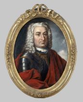 Anonymous portrait painter early 18th century, oval portrait of a man in breastplate and red cape,