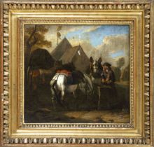 Philips Wouwerman (1619-1668), Circumcircle, Horses feeding in front of a military camp, oil on