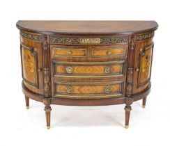 Half-round sideboard in classicistic style, 20th century, walnut and other precious woods partly