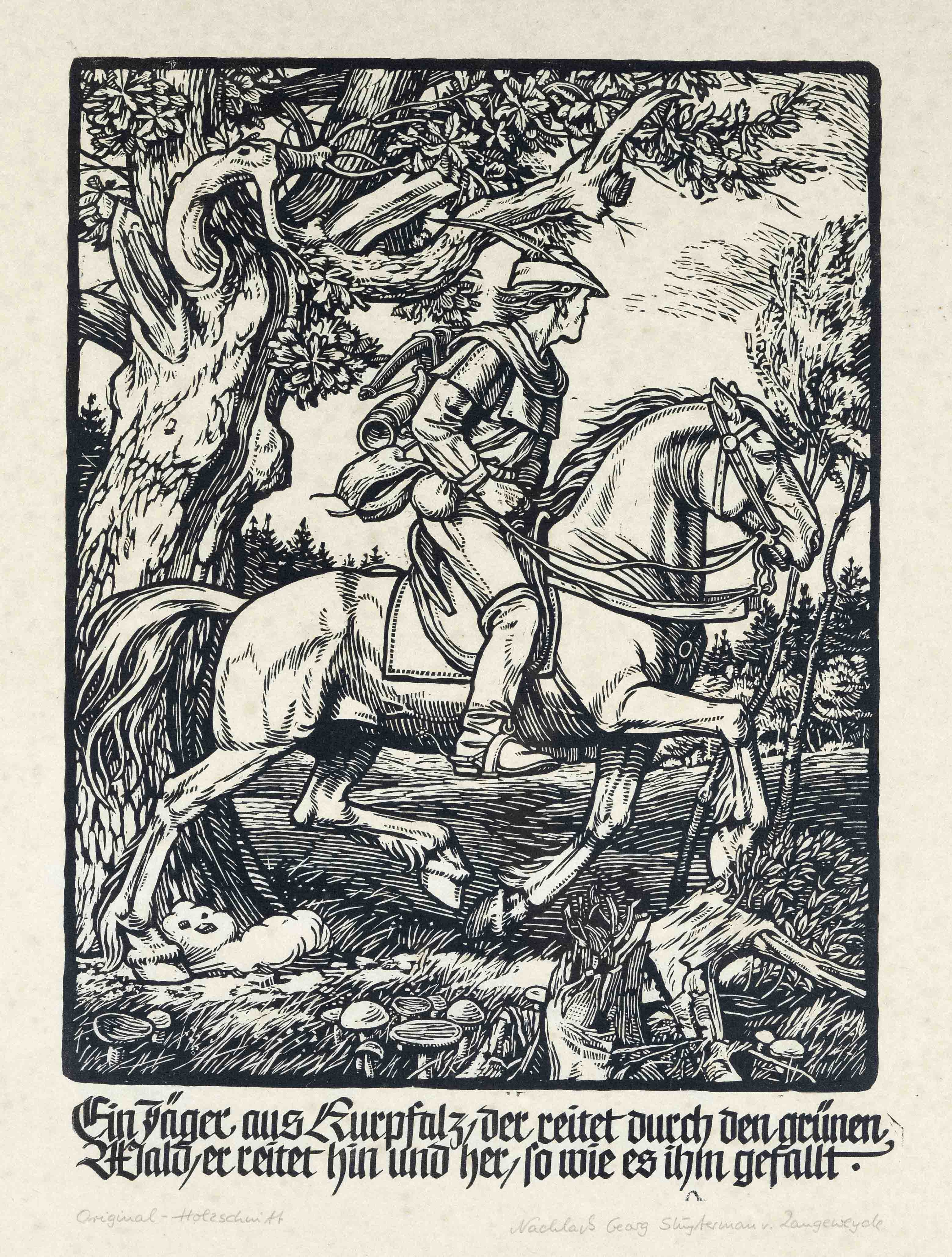 Georg Sluytermann von Langeweyde (1903-1978), large woodcut depicting a mounted hunter, ''Ein